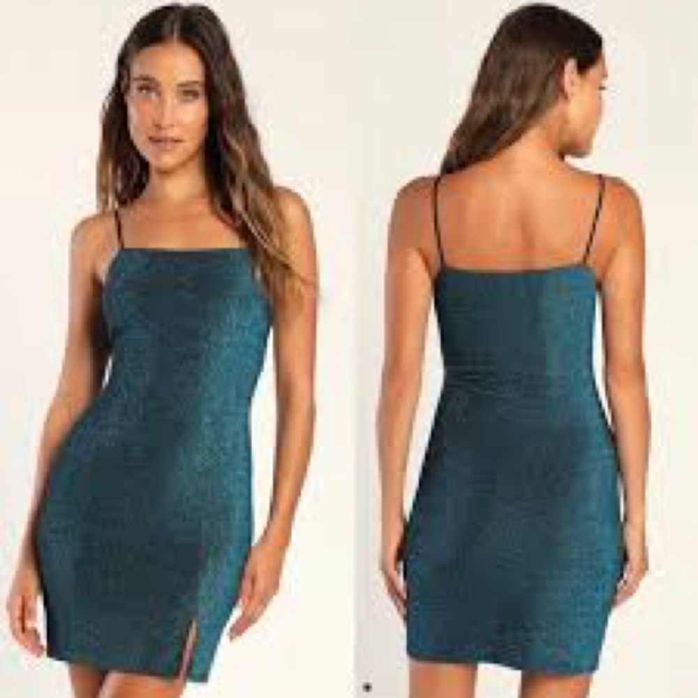 NWT; Lulus Late Night Party Teal Blue Sparkly Bodycon Mini Dress🪻